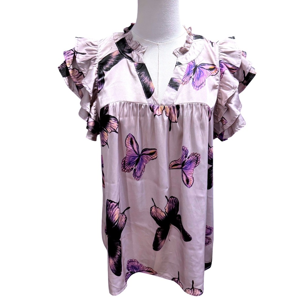 Entro Women Lavender Butterfly Print Satin Ruffle Flutter Sleeve Blouse Large‎
